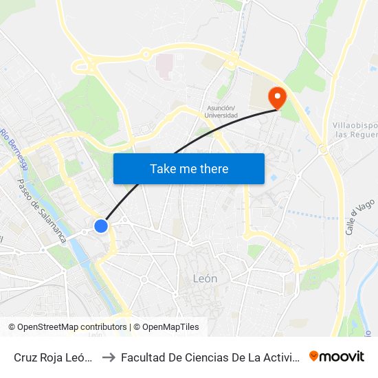 Cruz Roja León (Junta Cyl) to Facultad De Ciencias De La Actividad Física Y Del Deporte map