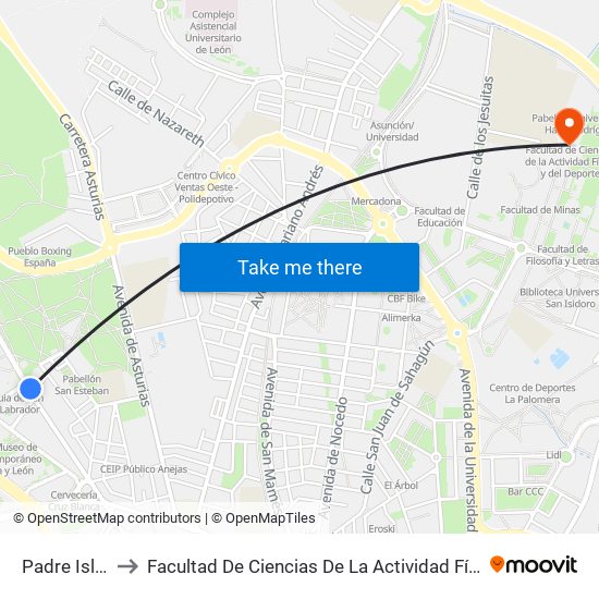 Padre Isla, 132 to Facultad De Ciencias De La Actividad Física Y Del Deporte map