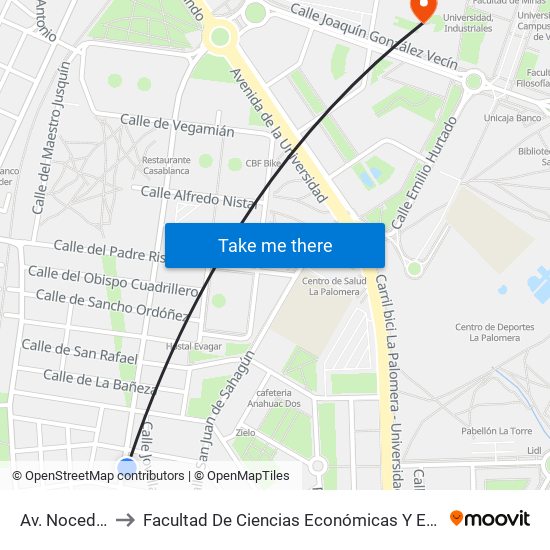 Av. Nocedo, 34 to Facultad De Ciencias Económicas Y Empresariales map