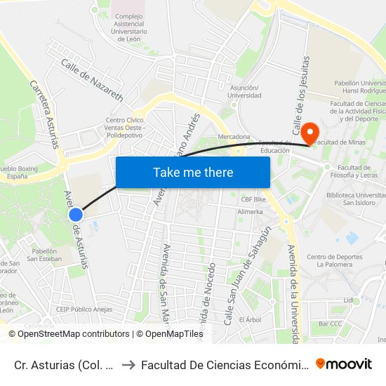 Cr. Asturias (Col. Maristas Ch.) to Facultad De Ciencias Económicas Y Empresariales map