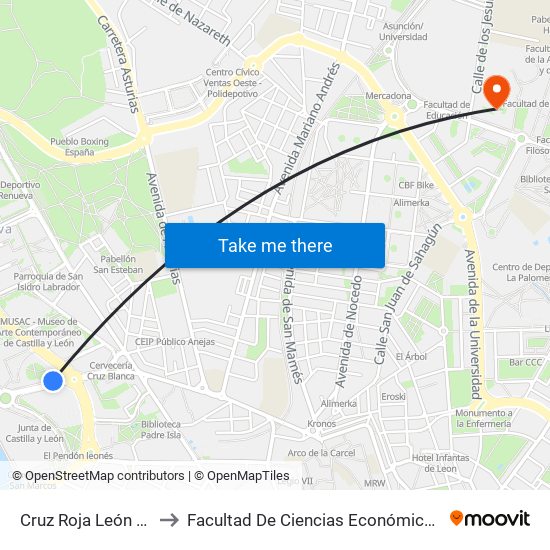 Cruz Roja León (Junta Cyl) to Facultad De Ciencias Económicas Y Empresariales map