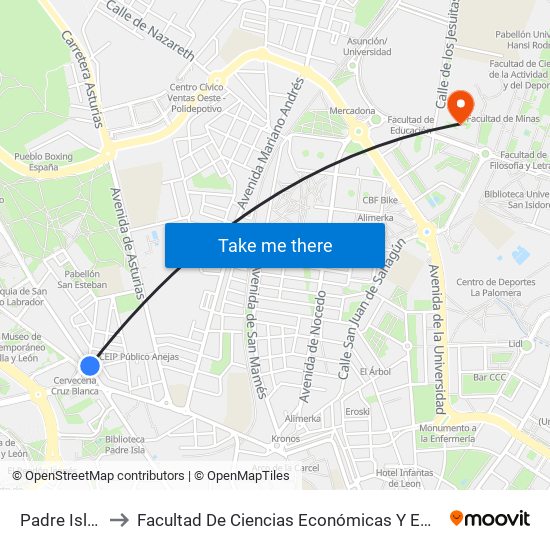 Padre Isla, 86 to Facultad De Ciencias Económicas Y Empresariales map