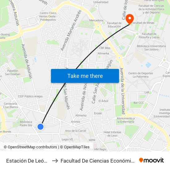 Estación De León - Matallana to Facultad De Ciencias Económicas Y Empresariales map