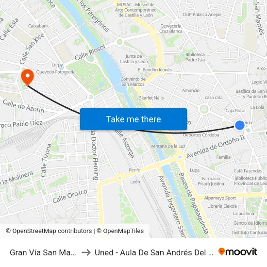 Gran Vía San Marcos, 2 to Uned - Aula De San Andrés Del Rabanedo map