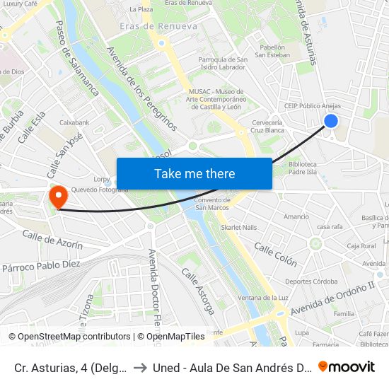 Cr. Asturias, 4 (Delg. Trabajo) to Uned - Aula De San Andrés Del Rabanedo map
