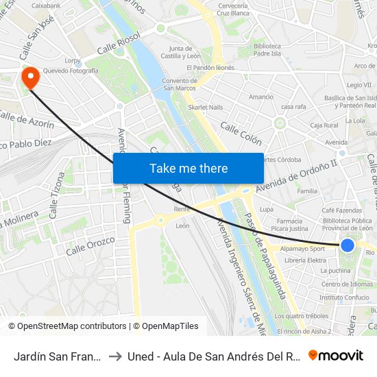 Jardín San Francisco to Uned - Aula De San Andrés Del Rabanedo map