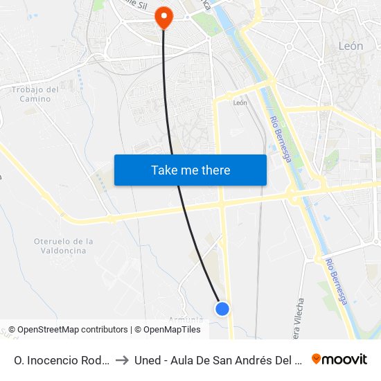 O. Inocencio Rodríguez to Uned - Aula De San Andrés Del Rabanedo map