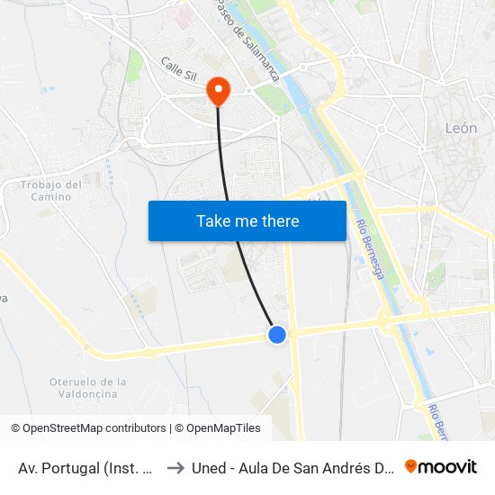 Av. Portugal (Inst. Seg. Hig.) to Uned - Aula De San Andrés Del Rabanedo map