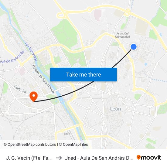 J. G. Vecín (Fte. Facultades) to Uned - Aula De San Andrés Del Rabanedo map