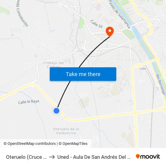 Oteruelo (Cruce Ctra.) to Uned - Aula De San Andrés Del Rabanedo map