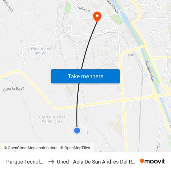 Parque Tecnológico to Uned - Aula De San Andrés Del Rabanedo map