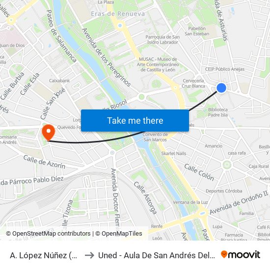 A. López Núñez (Fte. 49) to Uned - Aula De San Andrés Del Rabanedo map