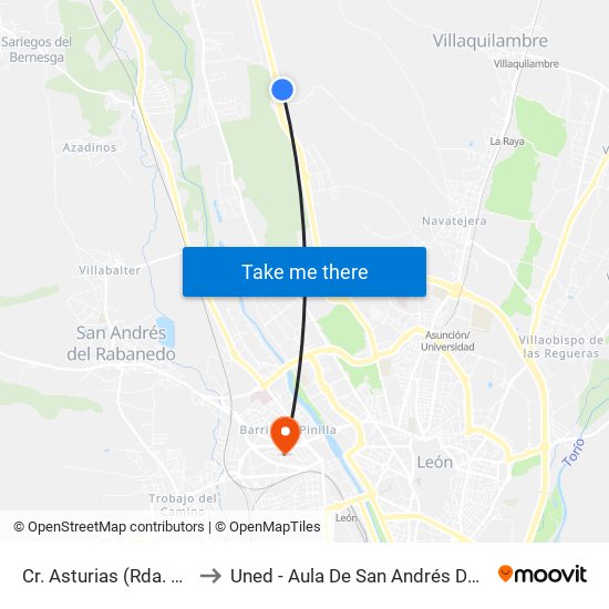 Cr. Asturias (Rda. Pol. Ind.) to Uned - Aula De San Andrés Del Rabanedo map