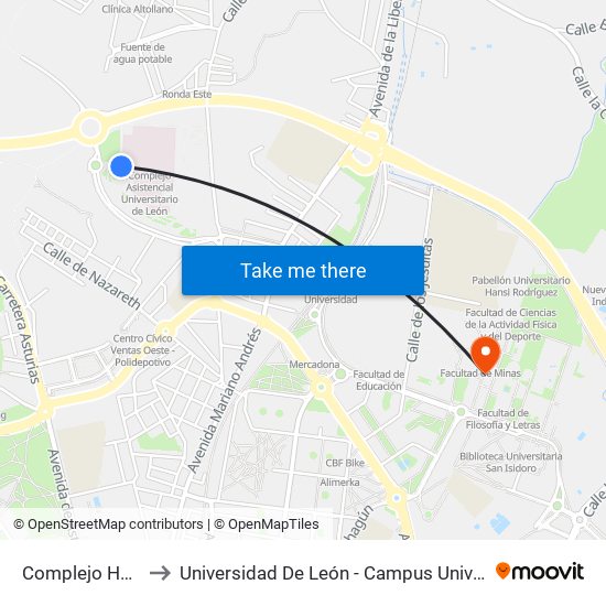Complejo Hospitalario to Universidad De León - Campus Universitario De Vegazanas map