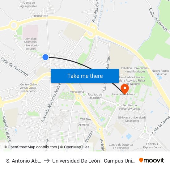 S. Antonio Abad (Salida) to Universidad De León - Campus Universitario De Vegazanas map