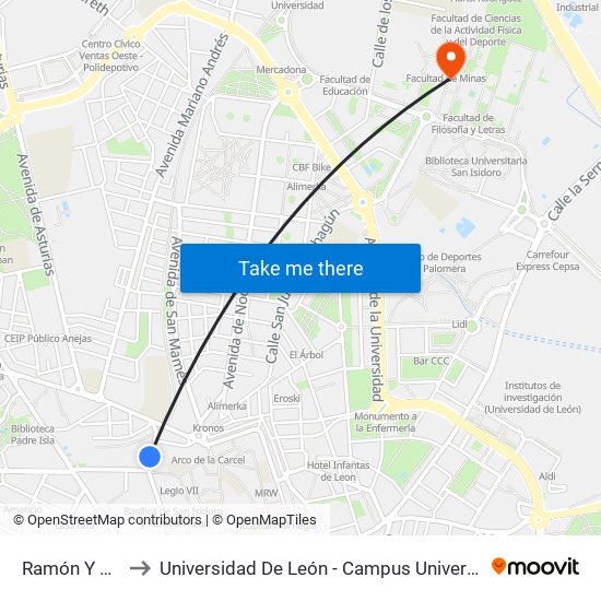 Ramón Y Cajal, 43 to Universidad De León - Campus Universitario De Vegazanas map