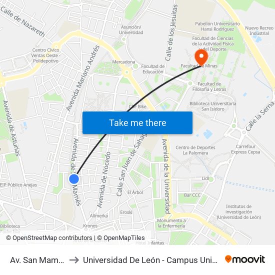 Av. San Mamés (Jardin) to Universidad De León - Campus Universitario De Vegazanas map