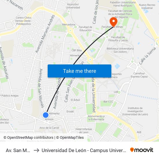 Av. San Mamés, 5 to Universidad De León - Campus Universitario De Vegazanas map