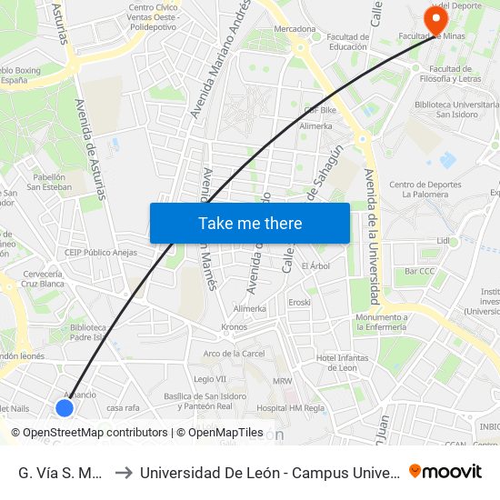 G. Vía S. Marcos, 22 to Universidad De León - Campus Universitario De Vegazanas map