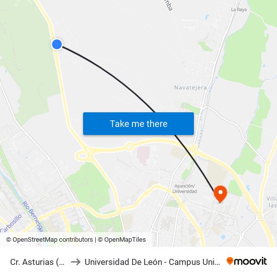 Cr. Asturias (Rda. Hotel) to Universidad De León - Campus Universitario De Vegazanas map