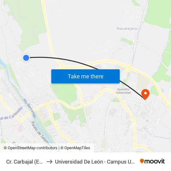 Cr. Carbajal (Esq. R. Cueza) to Universidad De León - Campus Universitario De Vegazanas map