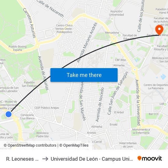 R. Leoneses (Junta Cyl) to Universidad De León - Campus Universitario De Vegazanas map