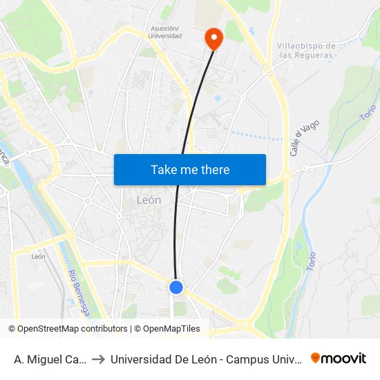 A. Miguel Castaño, 46 to Universidad De León - Campus Universitario De Vegazanas map