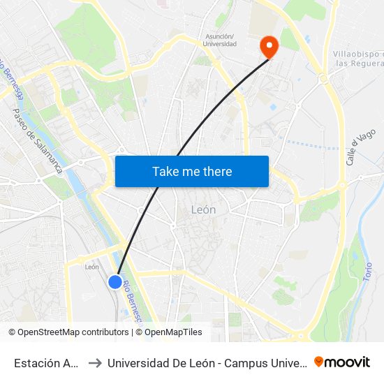 Estación Autobuses to Universidad De León - Campus Universitario De Vegazanas map