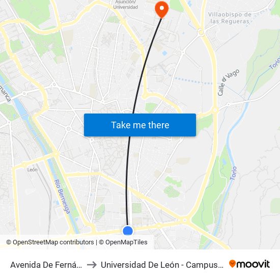 Avenida De Fernández Ladreda, 33 to Universidad De León - Campus Universitario De Vegazanas map