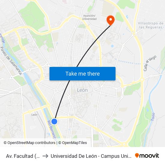 Av. Facultad (Fte. Nº 25) to Universidad De León - Campus Universitario De Vegazanas map