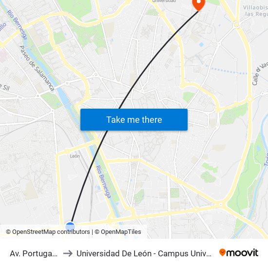 Av. Portugal (Iglesia) to Universidad De León - Campus Universitario De Vegazanas map