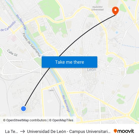 La Tercia to Universidad De León - Campus Universitario De Vegazanas map