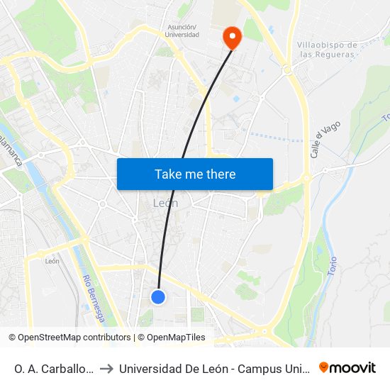 O. A. Carballo (C. Inglés) to Universidad De León - Campus Universitario De Vegazanas map