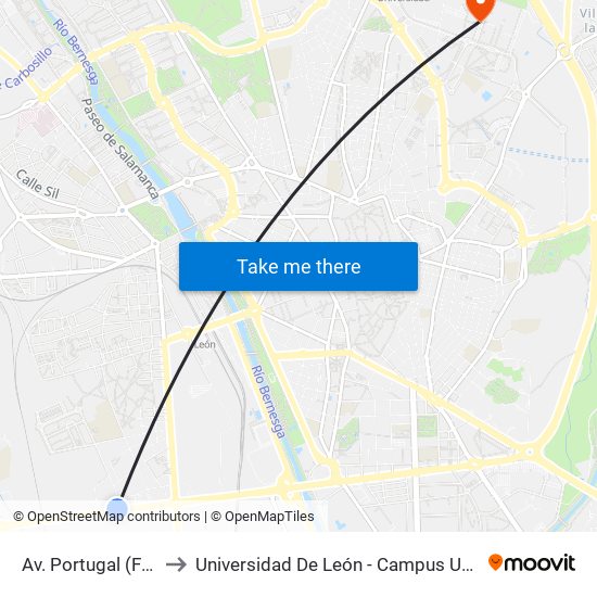 Av. Portugal (Fte. Agrícolas) to Universidad De León - Campus Universitario De Vegazanas map