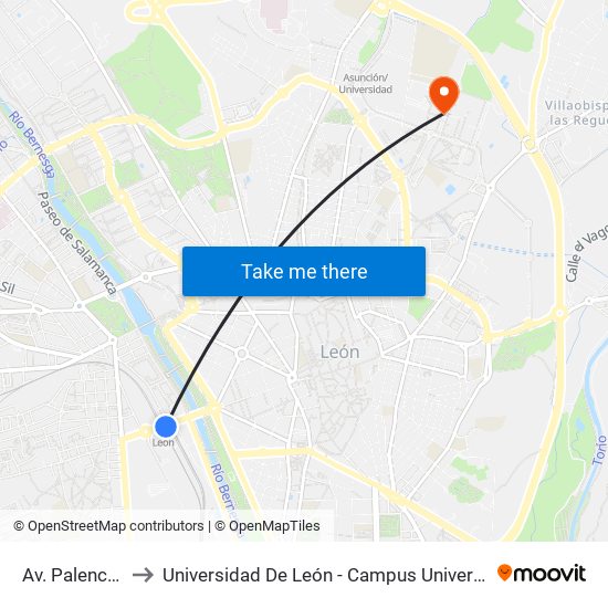 Av. Palencia (Adif) to Universidad De León - Campus Universitario De Vegazanas map