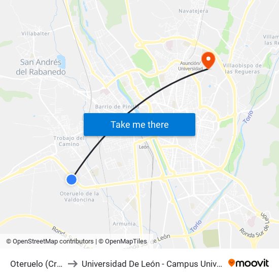 Oteruelo (Cruce Ctra.) to Universidad De León - Campus Universitario De Vegazanas map