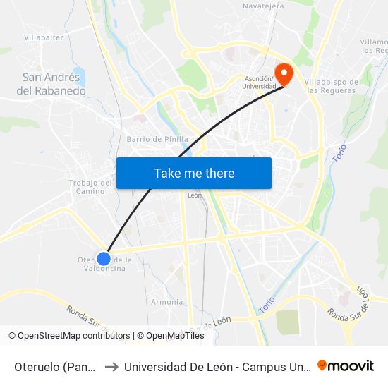 Oteruelo (Panaderia - Vta.) to Universidad De León - Campus Universitario De Vegazanas map