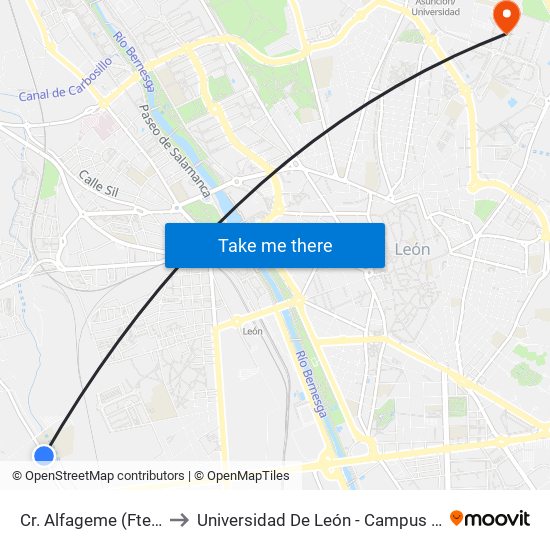 Cr. Alfageme (Fte. Col. Agustinos) to Universidad De León - Campus Universitario De Vegazanas map