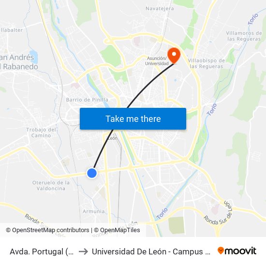 Avda. Portugal (Esc. Agrícolas) to Universidad De León - Campus Universitario De Vegazanas map