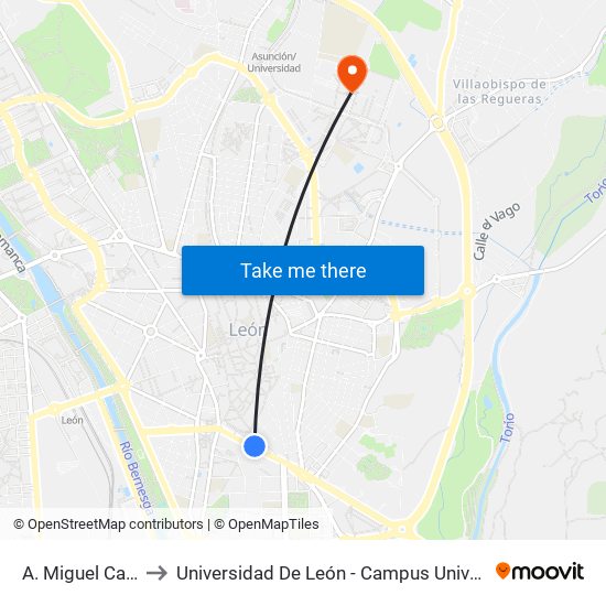 A. Miguel Castaño, 19 to Universidad De León - Campus Universitario De Vegazanas map