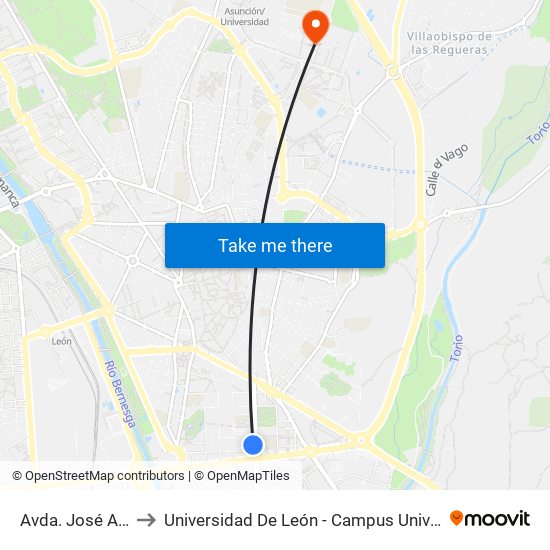 Avda. José Aguado, 34 to Universidad De León - Campus Universitario De Vegazanas map