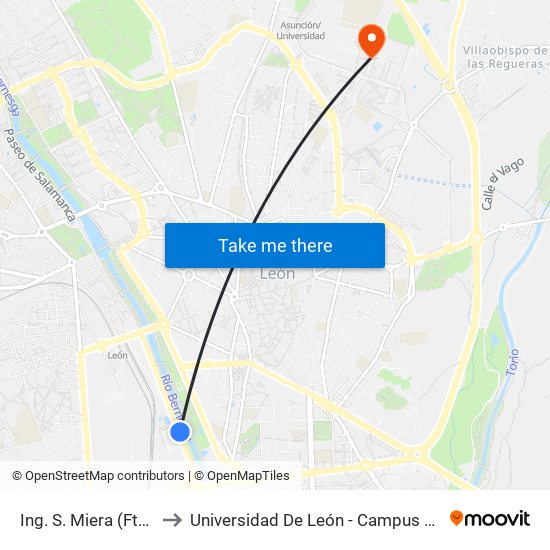 Ing. S. Miera (Fte. Palacio Dep.) to Universidad De León - Campus Universitario De Vegazanas map
