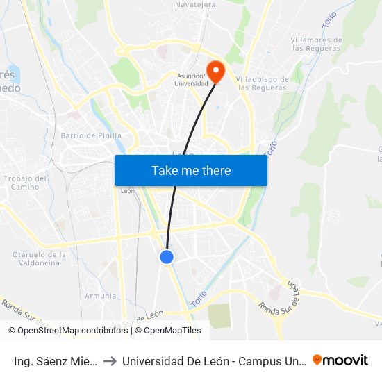 Ing. Sáenz Miera (Fte. Lidl) to Universidad De León - Campus Universitario De Vegazanas map