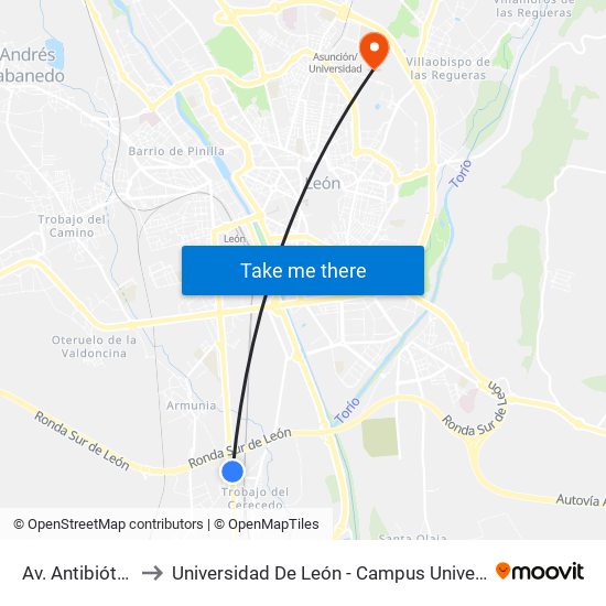 Av. Antibióticos, 115 to Universidad De León - Campus Universitario De Vegazanas map