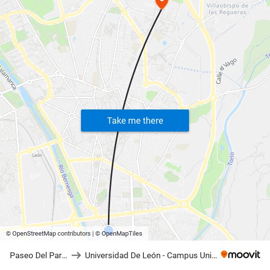 Paseo Del Parque (C.H.F.) to Universidad De León - Campus Universitario De Vegazanas map