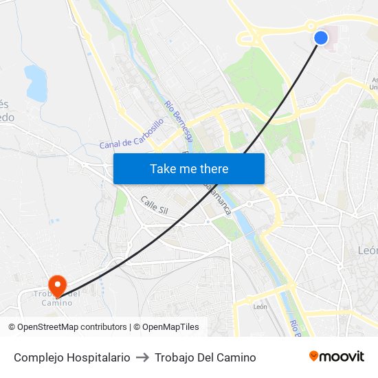 Complejo Hospitalario to Trobajo Del Camino map