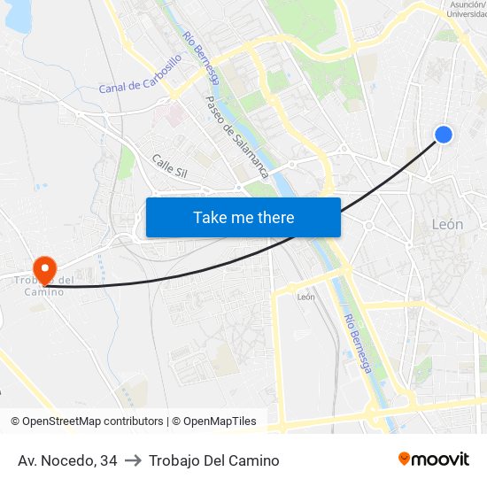 Av. Nocedo, 34 to Trobajo Del Camino map