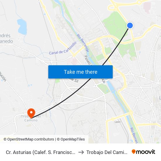 Cr. Asturias (Calef. S. Francisco) to Trobajo Del Camino map