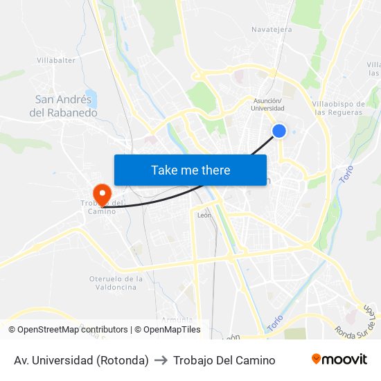 Av. Universidad (Rotonda) to Trobajo Del Camino map