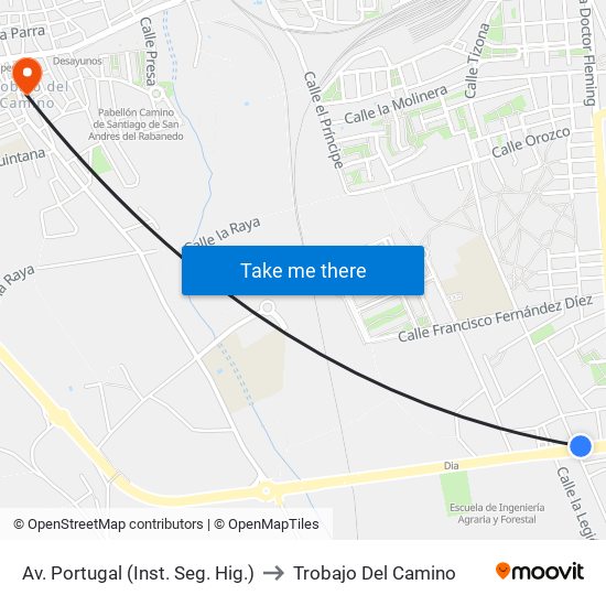 Av. Portugal (Inst. Seg. Hig.) to Trobajo Del Camino map